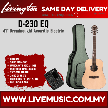 Livingston D-230 EQ 41" Sitka Solid Top Dreadnought Acoustic-Electric Guitar, Rosewood FB - Natural ( D230 D 230 )