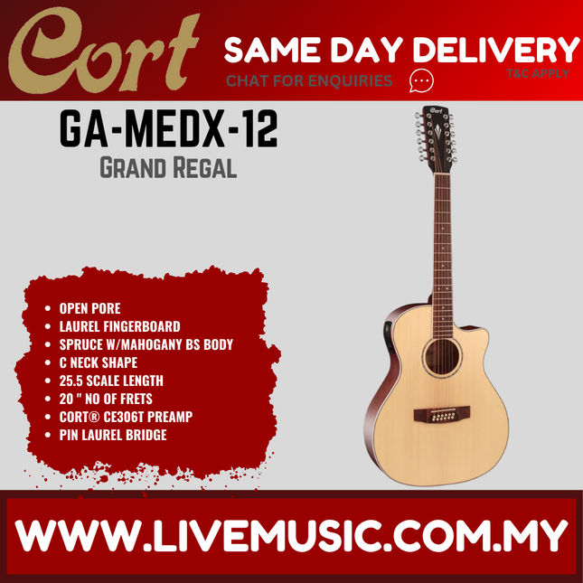 Cort GA-MEDX-12 12-String Acoustic-Electric Guitar – Open Pore (GA MEDX12 / GAMEDX-12)