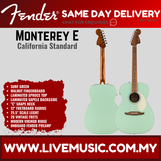 Surf green acoustic guitar with black pickguard, front and back views
