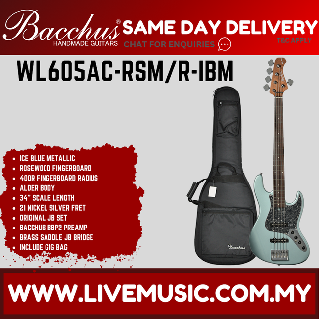 Bacchus WL605AC-RSM/R-IBM Universe Series Roasted Maple Electric Bass, Ice Blue Metallic ( WL605ACRSMR / WL605AC RSMR )