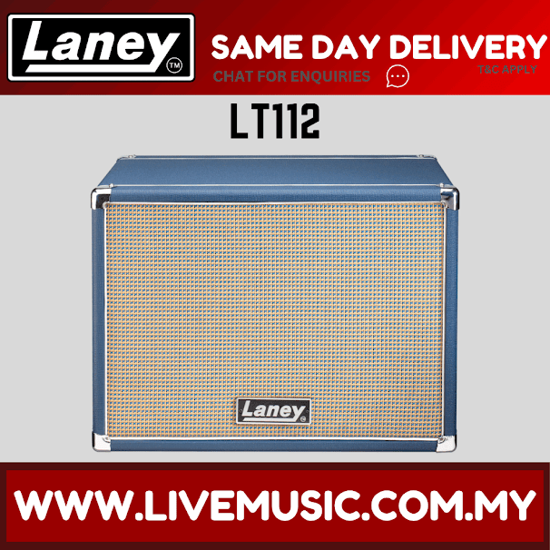 Laney LT112 guitar cabinet with blue grille and metal corner protectors