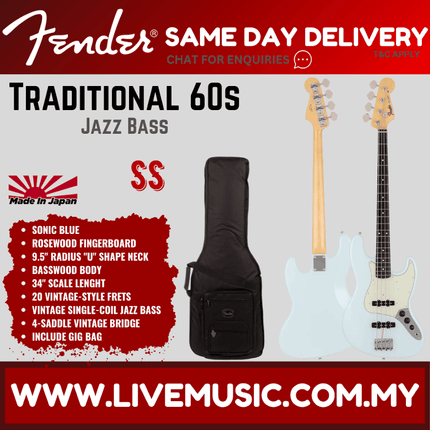 Fender Japan Traditional 60s Jazz Bass Guitar, RW FB, Sonic Blue