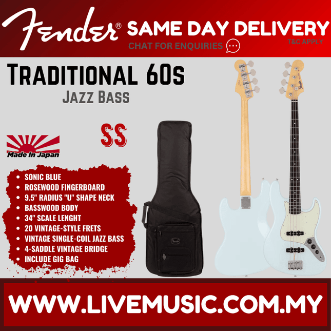 Sonic blue Jazz bass guitar with rosewood fingerboard and gig bag
