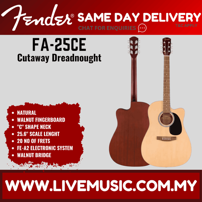 Natural dreadnought acoustic guitar with cutaway, sound hole, and Fender headstock