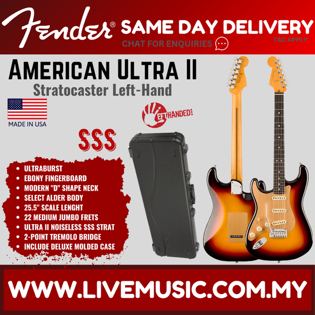 Left-handed electric guitar, Ultraburst finish with ebony fingerboard and case