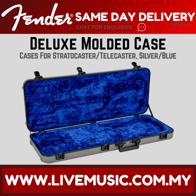 Deluxe molded guitar case with silver shell and blue plush interior, open lid