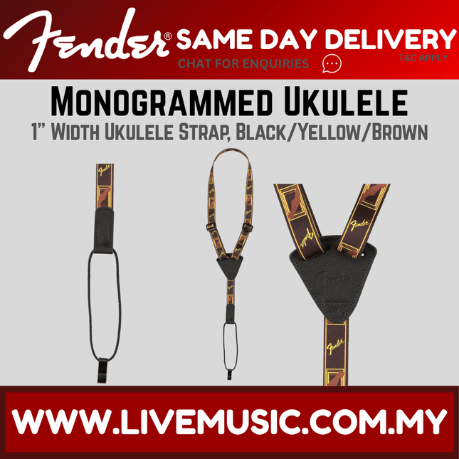 Fender Monogrammed Ukulele Strap, Black/Yellow/Brown