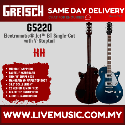 Gretsch G5220 Electromatic Jet BT Single-Cut V-Stoptail Electric Guitar, Midnight Sapphire
