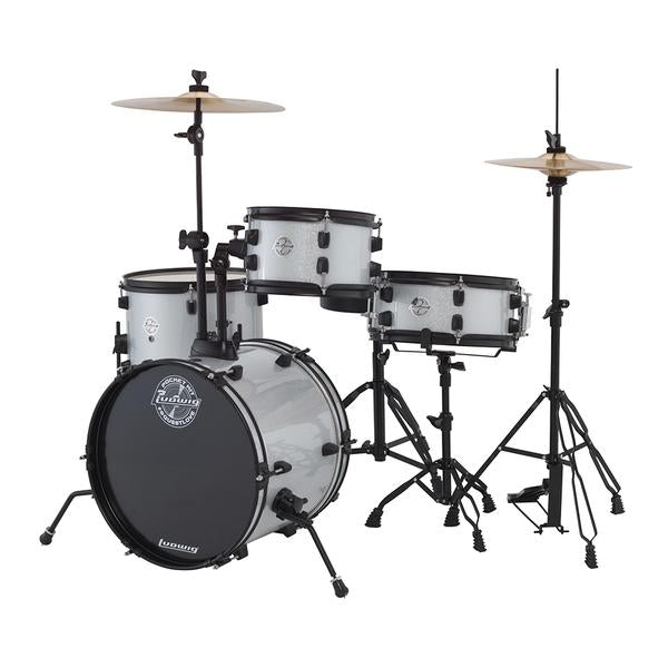 Ludwig LC178X029DIR Pocket Kit 4-Piece Drum Kit with Hardware and Cymbals - White Sparkle (LC178X 029DIR)