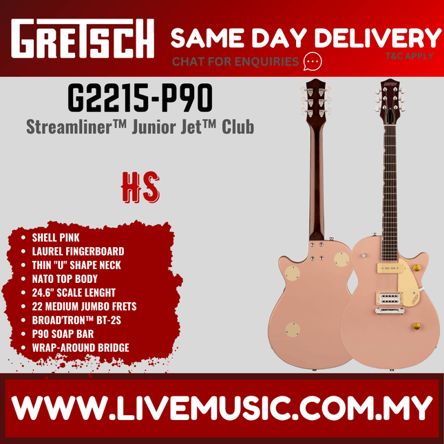 Gretsch G2215-P90 Streamliner Junior Jet Club Electric Guitar, Laurel FB, Shell Pink