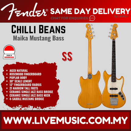 Fender Chilli Beans. Maika Mustang Bass Guitar, RW FB, Aged Natural