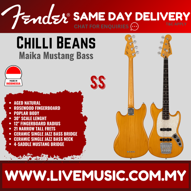Aged natural Maika Mustang bass guitar with rosewood fingerboard