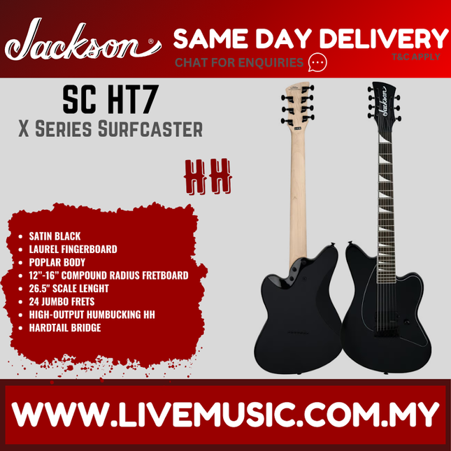 Jackson HT7 X Series Surfcaster 7-String Electric Guitar, Laurel FB, Satin Black ( HT 7 / HT-7 )
