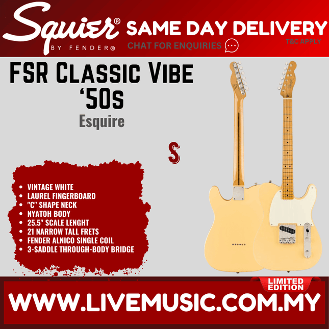 Squier FSR Classic Vibe 50s Esquire Electric Guitar, Maple FB, Vintage White