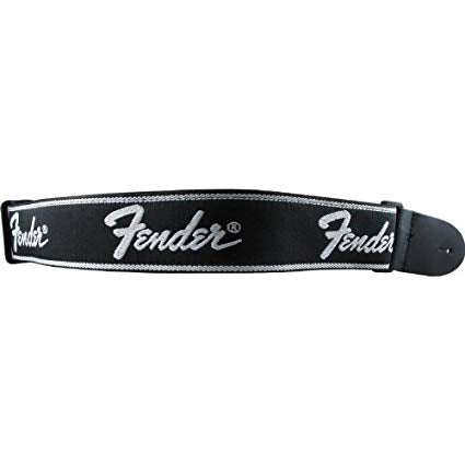 Black woven guitar strap with silver Fender logo lettering and metal adjustment slider
