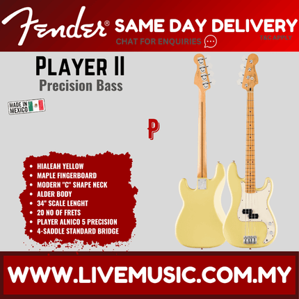 Fender Player II Precision Bass Guitar, Maple FB, Birch Green / Hialeah Yellow / Black / Aquatone Blue