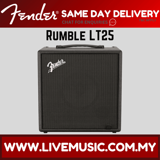 Black Fender Rumble LT25 bass amplifier with front grille and top handle