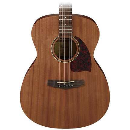 Front view of grand concert acoustic guitar with rosette and pickguard on natural top