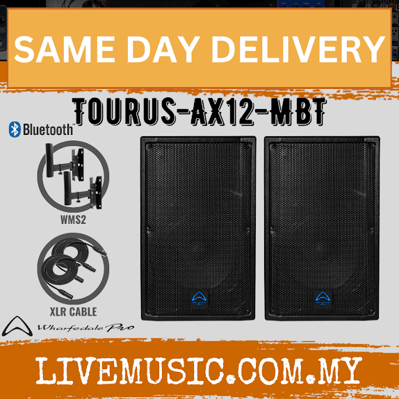 Pair of black 12-inch 2-way loudspeakers, front view with Bluetooth