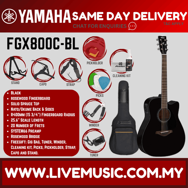 Yamaha FGX800C 41'' Dreadnought Solid Spruce Acoustic Electric Guitar With Pickup - Black (FGX800)