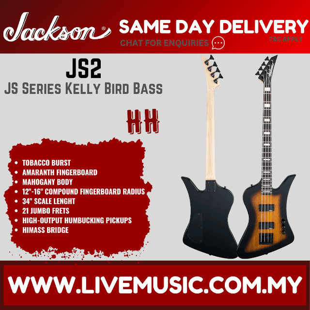 Jackson JS Series Kelly Bird Bass IV JS2 Guitar, Amaranth FB, Tobacco Burst