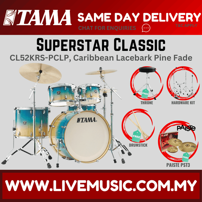 Tama Superstar Classic 5-piece drum kit with Caribbean lacebark pine fade shells