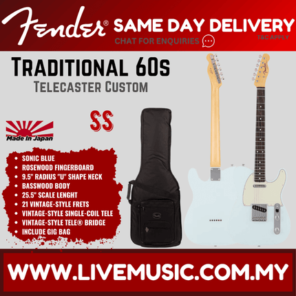 Fender Japan Traditional 60s Telecaster Custom Electric Guitar, RW FB, Sonic Blue
