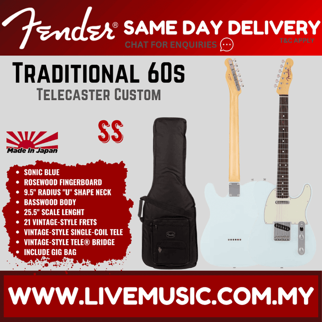 Fender Japan Traditional 60s Telecaster Custom Electric Guitar, RW FB, Sonic Blue