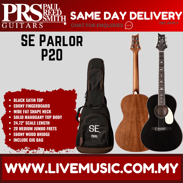 PRS SE Parlor P20 Acoustic Guitar w/Bag, Black Satin Top