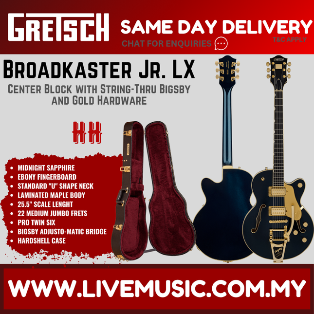 Gretsch Broadkaster Jr LX Center Block Guitar w/StringThru Bigsby & Gold Hardware, Midnight Sapphire