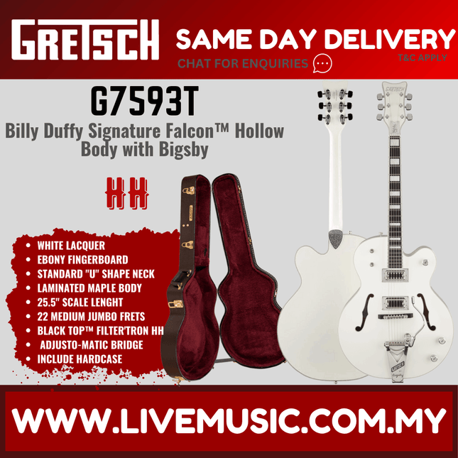 Gretsch G7593T Billy Duffy Signature Falcon Guitar w/Bigsby, Ebony FB, White Lacquer
