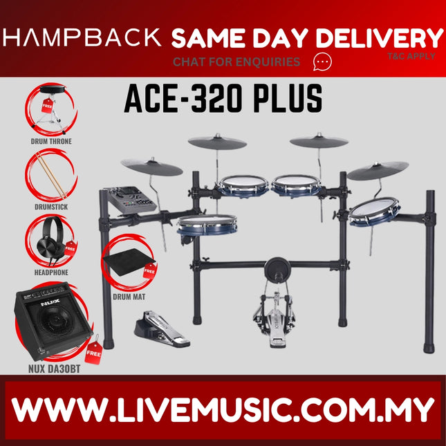 Hampback ACE-320 PLUS Full Mesh Digital Drum Set w/Headphone, Drumstick And Drum Throne - ( ACE320 ACE 320 ACE320PLUS )