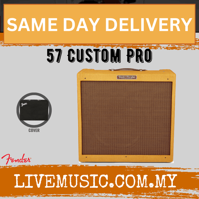 Fender 57 Custom Pro guitar amplifier head, front grille and top handle, tan cabinet