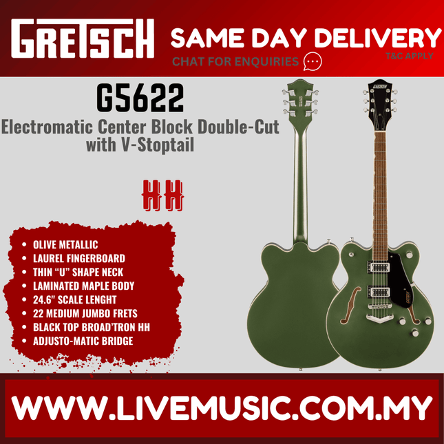 Gretsch G5622 Electromatic Center Block Double-Cut Electric Guitar w/V-Stoptail, Olive Metallic