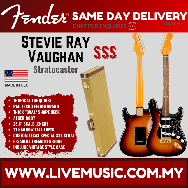 Fender Artist Stevie Ray Vaughan Stratocaster Electric Guitar w/Case, Pau Ferro FB, 3-Tone Sunburst
