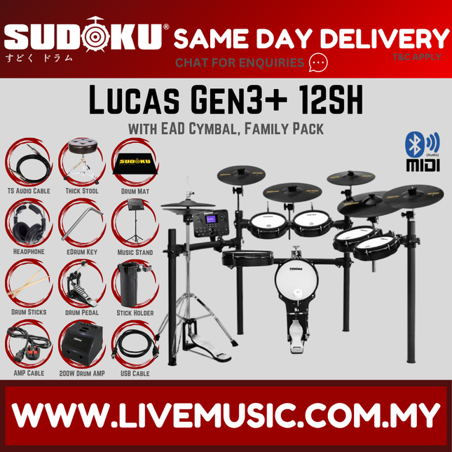 Electronic mesh electronic drum set with family-pack accessories, pads, toms, cymbals, stool