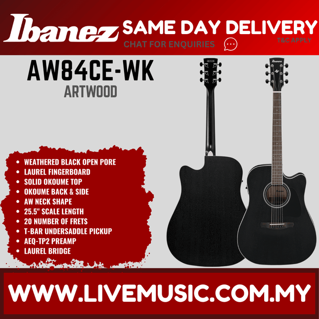 Ibanez Artwood AW84CE-WK Acoustic-Electric Guitar - Weathered Black ( AW84CEWK / AW84CE WK )