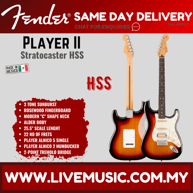 Fender Player II Stratocaster HSS Electric Guitar, RW FB, 3 Tone Sunburst / Birch Green / Coral Red / Polar White