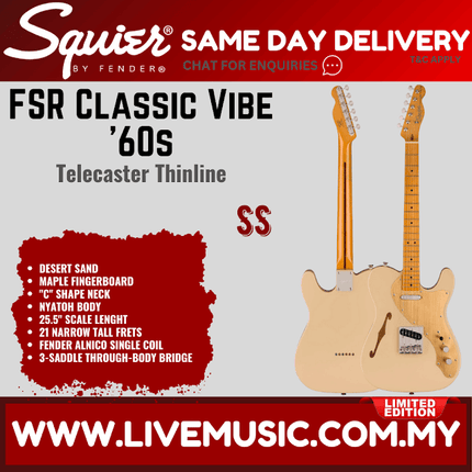 Squier FSR Classic Vibe 60s Telecaster Thinline Electric Guitar, Maple FB, Desert Sand