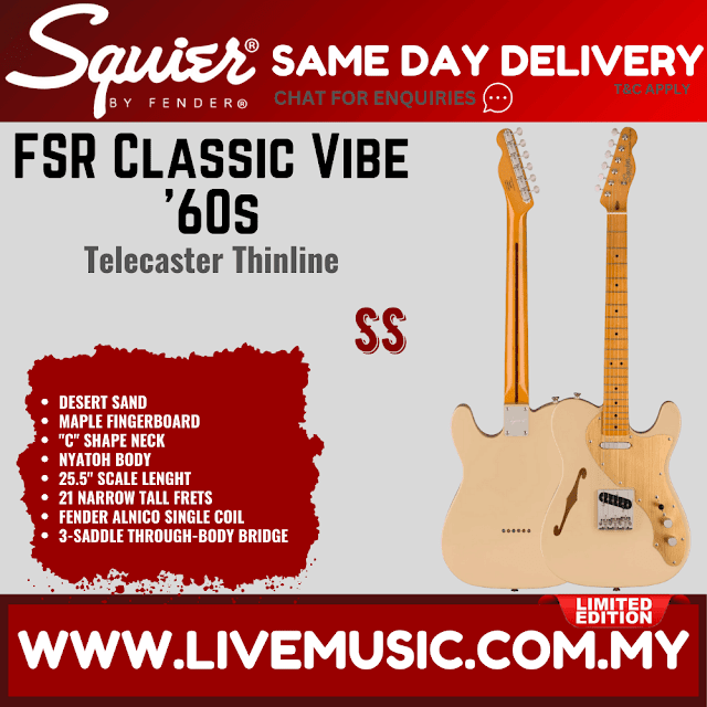 Squier FSR Classic Vibe 60s Telecaster Thinline Electric Guitar, Maple FB, Desert Sand