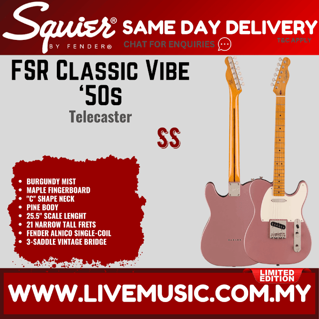 Squier FSR Classic Vibe 50s Telecaster Electric Guitar, Maple FB, Burgundy Mist