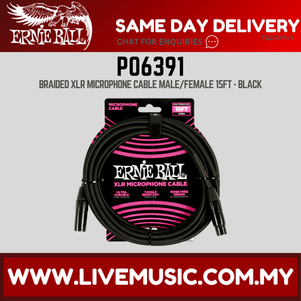 Ernie Ball 6391 Braided XLRM-XLRF Microphone Cable, 15′, Black
