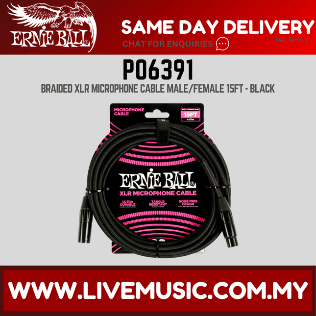 Ernie Ball 6391 Braided XLRM-XLRF Microphone Cable, 15′, Black