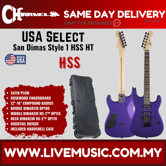 Charvel USA Select San Dimas Style 1 HSS HT Electric Guitar, RW FB, Satin Plum