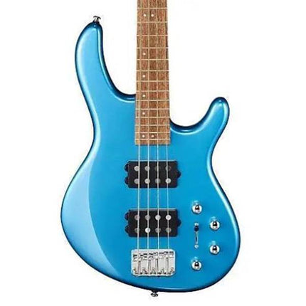 Close-up of Tasman Light Blue electric bass guitar with pickups and Jatoba fretboard