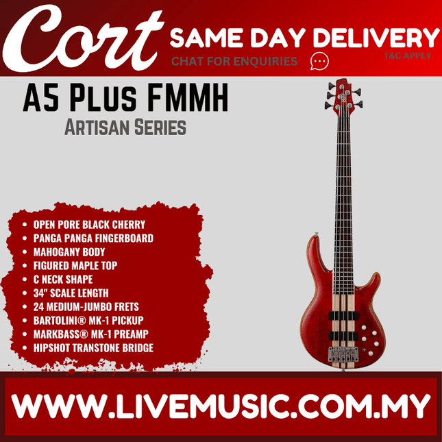 Cort A5 Plus FMMH 5-String Bass Guitar Rosewood Fretboard with Bag - Open Pore Black Cherry (A-5/A 5)