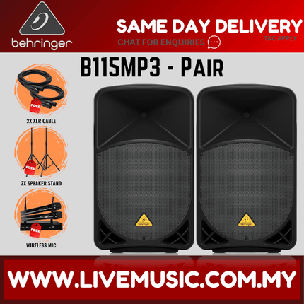 Behringer Eurolive B115MP3 1000W 15"Powered Speaker w/Wireless Mic,Speaker Stand & Cable - Each/Pair (B-115MP3 B 115MP3)