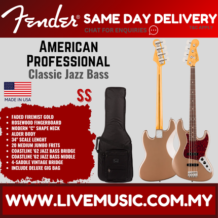 Fender American Professional Classic Jazz Bass Electric Guitar, RW FB, Faded Firemist Gold