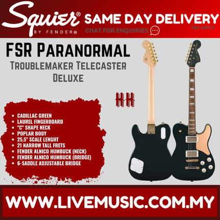 Squier FSR Paranormal Troublemaker Telecaster Deluxe Electric Guitar, Laurel FB, Cadillac Green