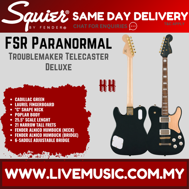 Squier FSR Paranormal Troublemaker Telecaster Deluxe Electric Guitar, Laurel FB, Cadillac Green